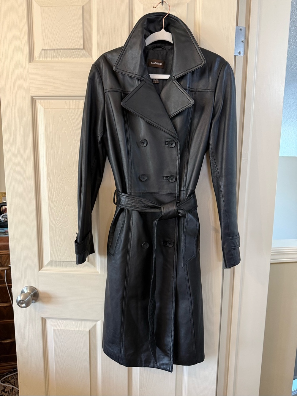 Danier Soft Black Leather Belted Peacoat Size XS
